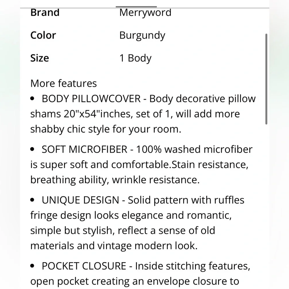 Red Ruffled Body Pillow Cover 54x20”